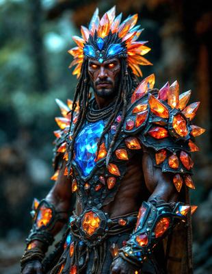 The primary subject of the image is a man wearing a unique and colorful costume. The costume features a mix of blue, orange, and yellow colors, along with a pattern of crystals and gems. The man is standing in front of a forest, which serves as the setting for the scene. The visual style of the image is a combination of digital art and illustration, creating a vibrant and eye-catching appearance. The overall atmosphere of the image is lively and energetic, with the man